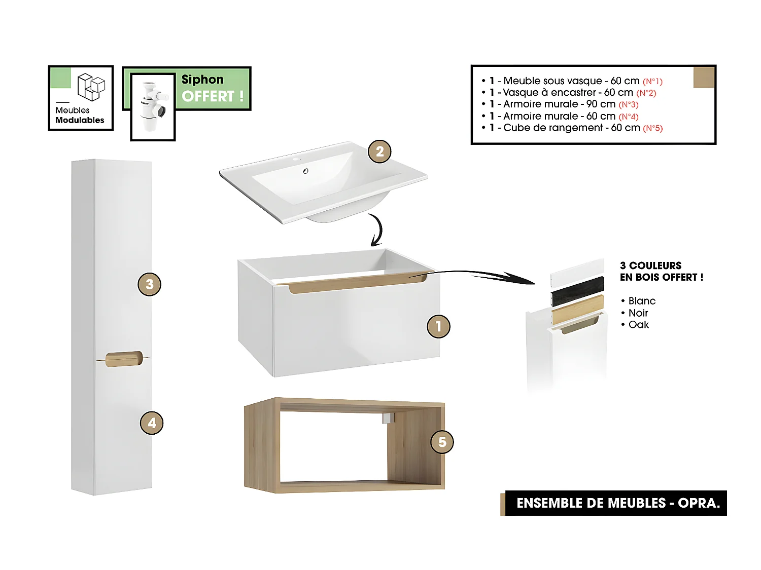 Ensemble complet de salle de bain - Meuble - Armoires - Cube - Vasque à encastrer avec Siphon OFFERT | OPRA | 60 x 30 x 45 cm