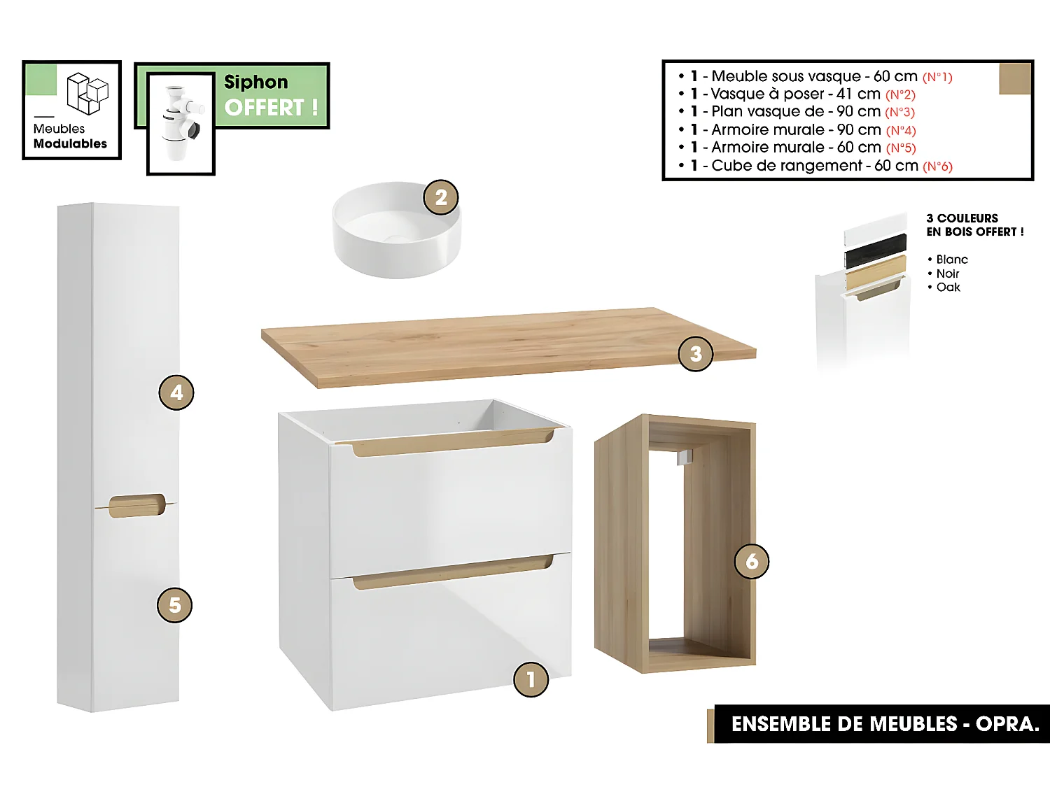 Ensemble complet de salle de bain - Meuble - Plan - Armoires - Cube - Vasque à poser avec Siphons OFFERT | OPRA | 90 x 60 x 45 cm