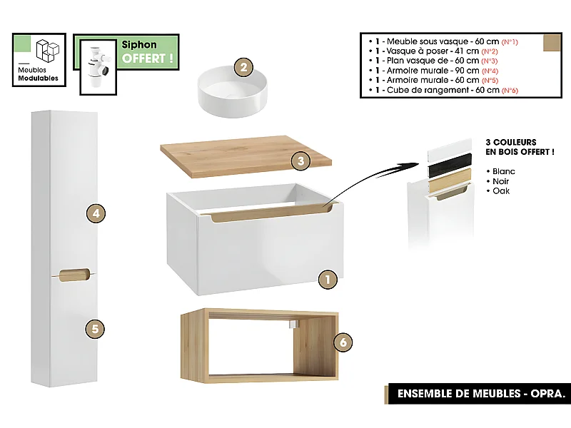 Ensemble complet de salle de bain - Meuble - Armoires - Cube - Vasque à poser avec Siphon OFFERT | OPRA | 60 x 30 x 45 cm