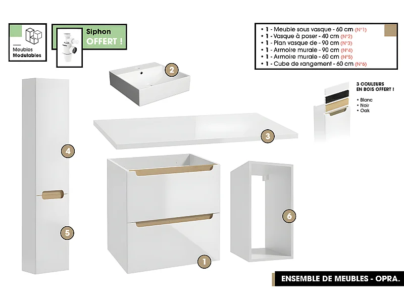 Ensemble complet de salle de bain - Meuble - Plan - Armoires - Cube - Vasque à poser avec Siphons OFFERT | OPRA | 90 x 60 x 45 cm