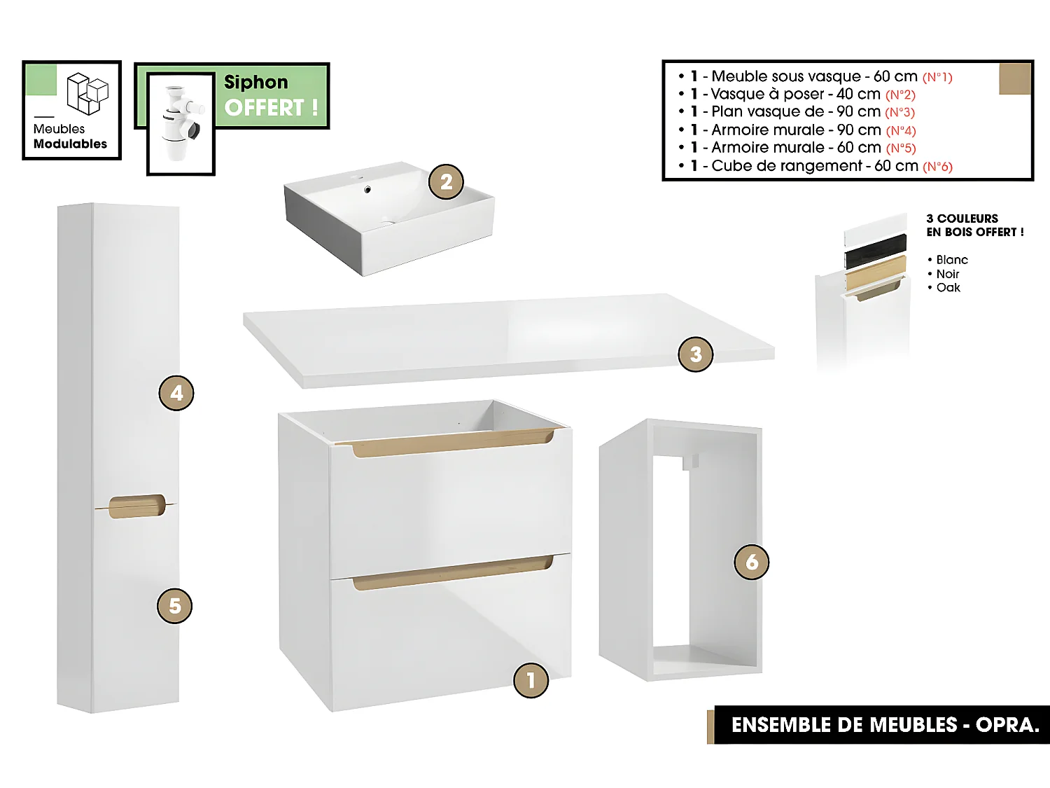 Ensemble complet de salle de bain - Meuble - Plan - Armoires - Cube - Vasque à poser avec Siphons OFFERT | OPRA | 90 x 60 x 45 cm