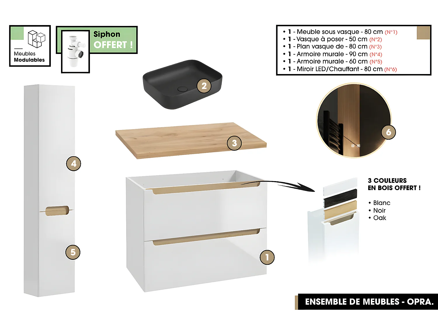 Ensemble complet de salle de bain - Meuble - Plan - Armoires - Miroir - Vasque à poser avec Siphon OFFERT | OPRA | 80 x 60 x 45 cm