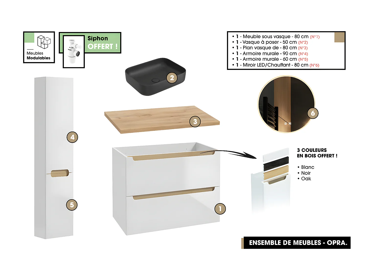 Ensemble complet de salle de bain - Meuble - Plan - Armoires - Miroir - Vasque à poser avec Siphon OFFERT | OPRA | 80 x 60 x 45 cm