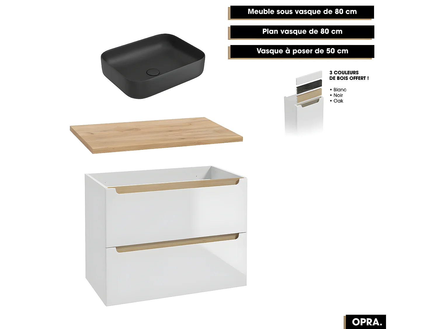 Ensemble complet de salle de bain - Meuble - Plan - Armoires - Miroir - Vasque à poser avec Siphon OFFERT | OPRA | 80 x 60 x 45 cm