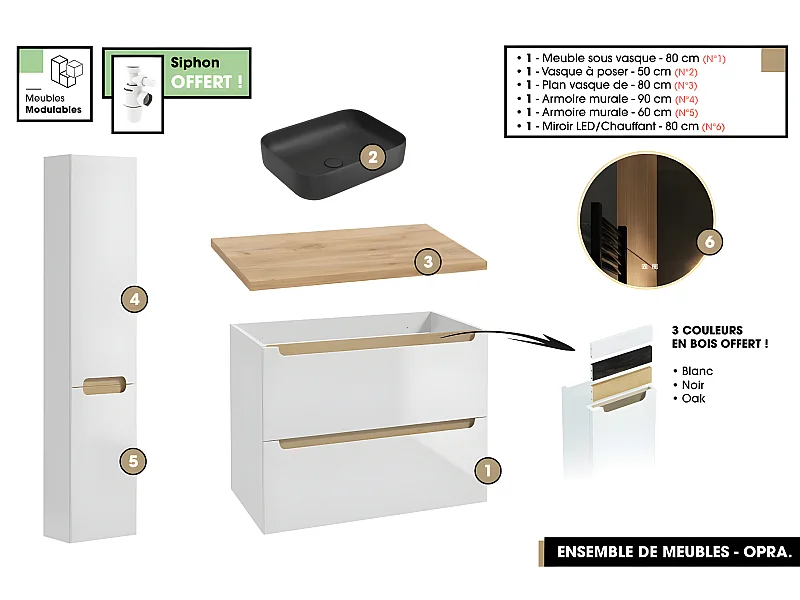 Ensemble complet de salle de bain - Meuble - Plan - Armoires - Miroir - Vasque à poser avec Siphon OFFERT | OPRA | 80 x 60 x 45 cm