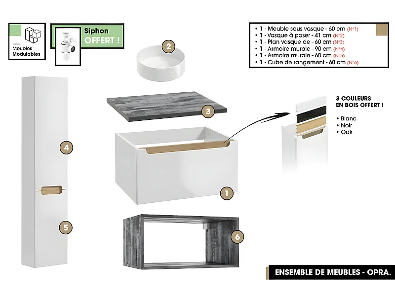 Ensemble complet de salle de bain - Meuble - Armoires - Cube - Vasque à poser avec Siphon OFFERT | OPRA | 60 x 30 x 45 cm
