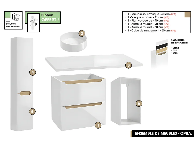 Ensemble complet de salle de bain - Meuble - Plan - Armoires - Cube - Vasque à poser avec Siphons OFFERT | OPRA | 90 x 60 x 45 cm