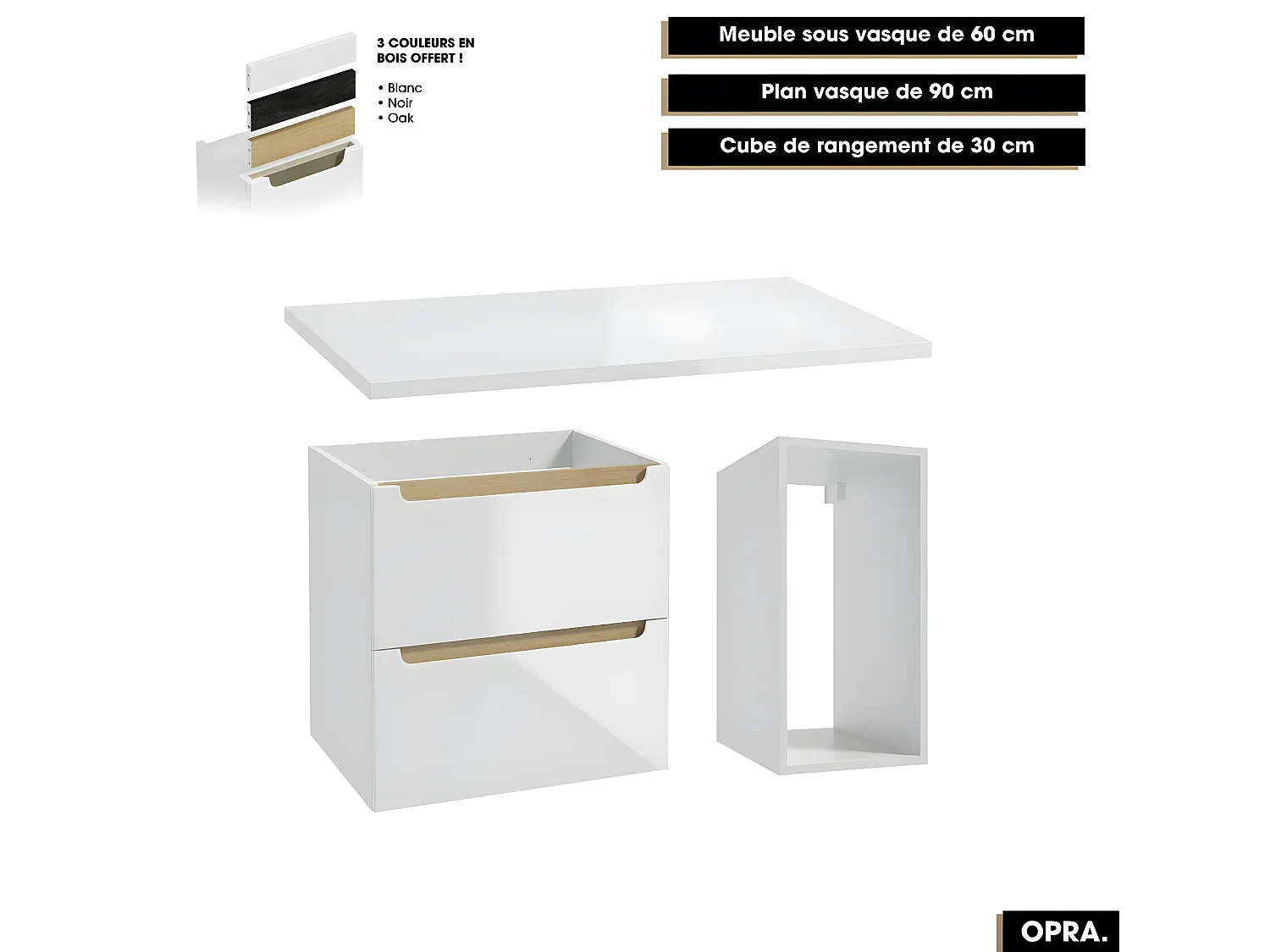 Ensemble complet de salle de bain - Meuble - Plan - Armoires - Cube - Vasque à poser avec Siphons OFFERT | OPRA | 90 x 60 x 45 cm