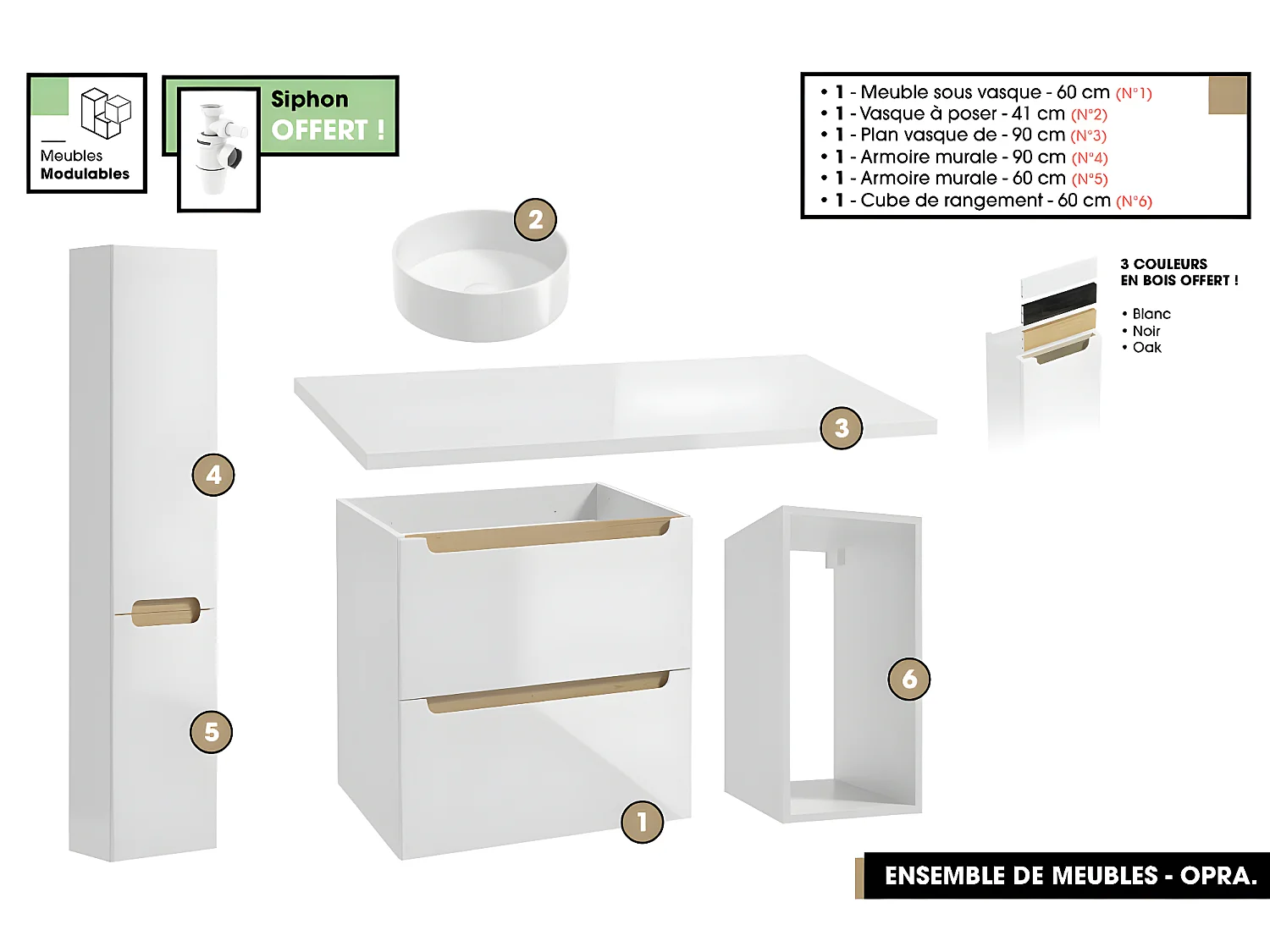 Ensemble complet de salle de bain - Meuble - Plan - Armoires - Cube - Vasque à poser avec Siphons OFFERT | OPRA | 90 x 60 x 45 cm