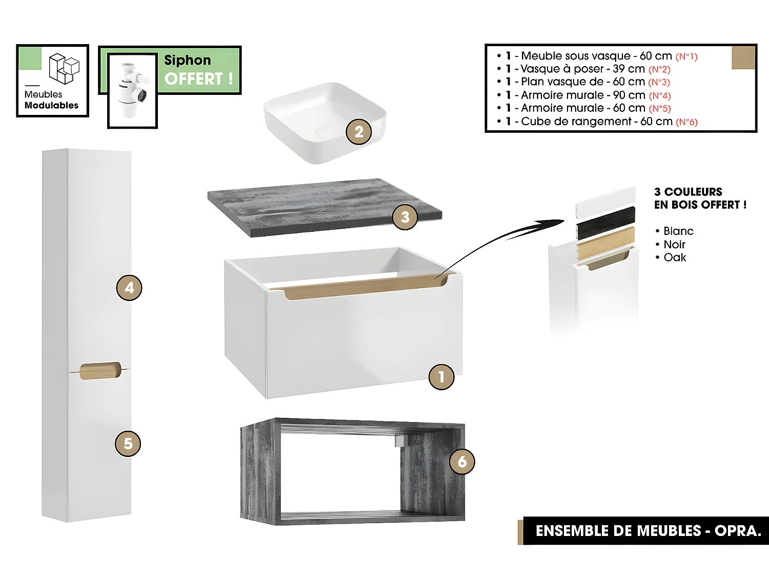 Ensemble complet de salle de bain - Meuble - Armoires - Cube - Vasque à poser avec Siphon OFFERT | OPRA | 60 x 30 x 45 cm