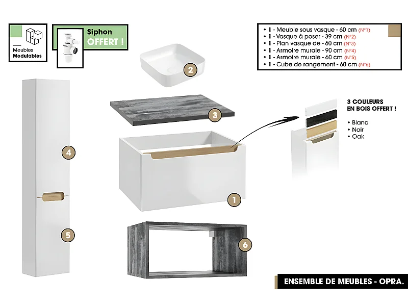 Ensemble complet de salle de bain - Meuble - Armoires - Cube - Vasque à poser avec Siphon OFFERT | OPRA | 60 x 30 x 45 cm