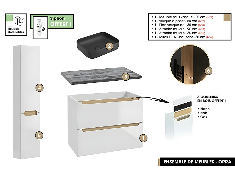 Ensemble complet de salle de bain - Meuble - Plan - Armoires - Miroir - Vasque à poser avec Siphon OFFERT | OPRA | 80 x 60 x 45 cm