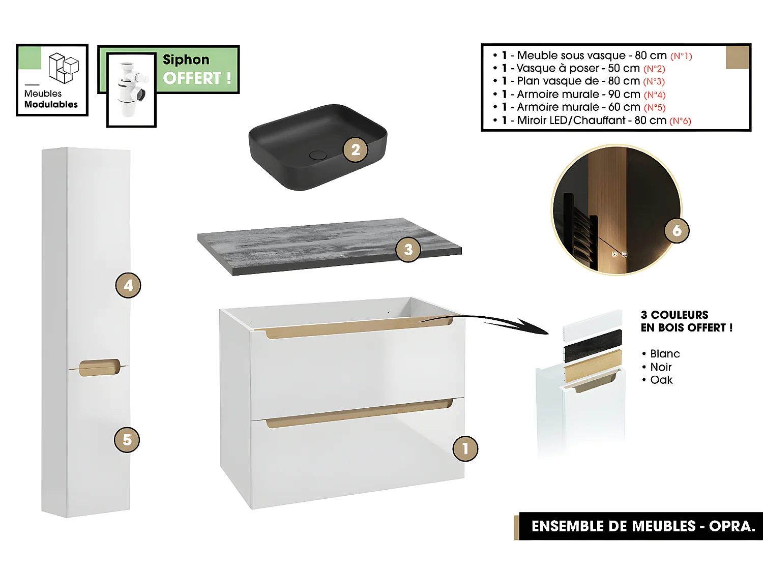 Ensemble complet de salle de bain - Meuble - Plan - Armoires - Miroir - Vasque à poser avec Siphon OFFERT | OPRA | 80 x 60 x 45 cm