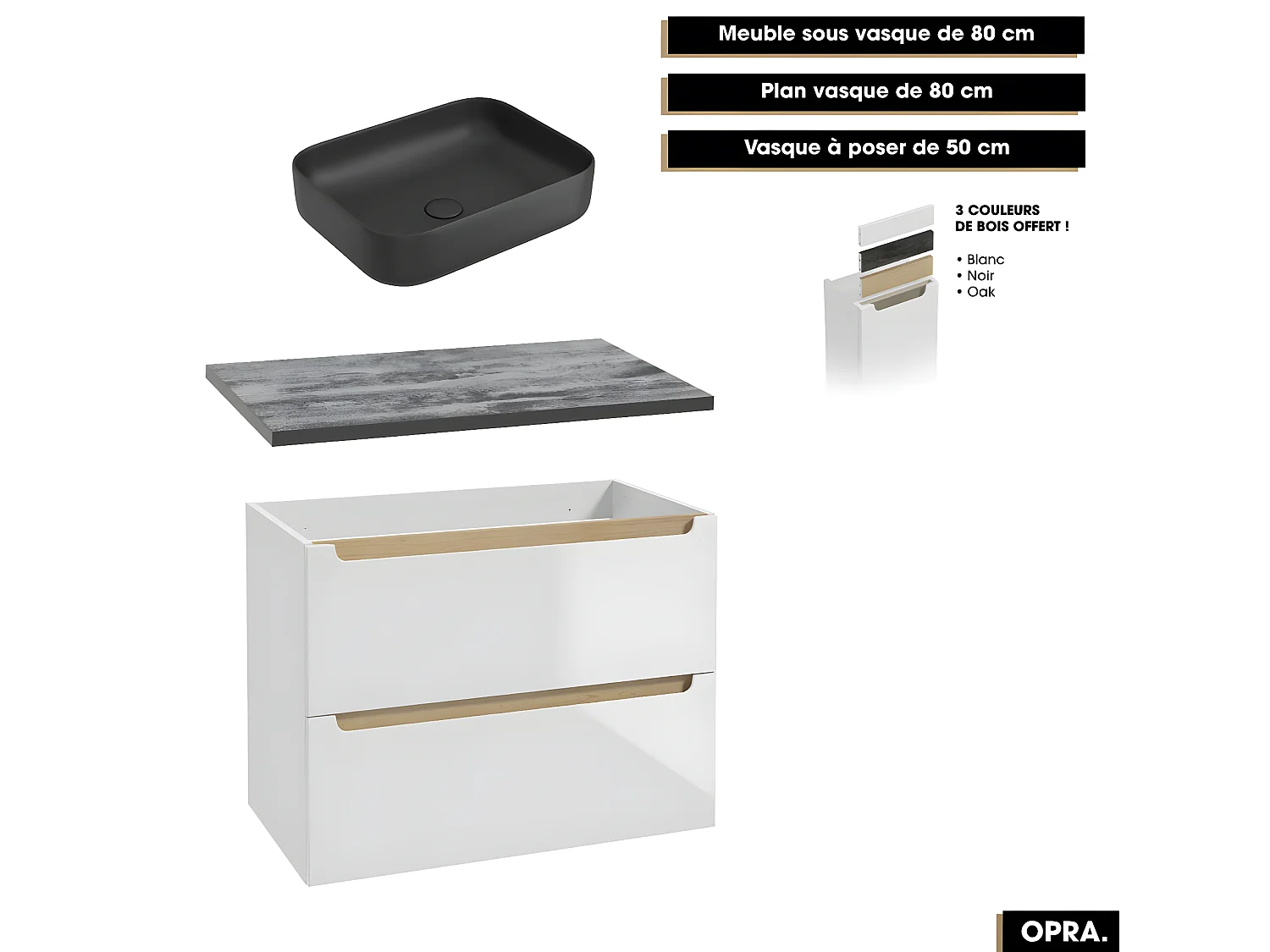 Ensemble complet de salle de bain - Meuble - Plan - Armoires - Miroir - Vasque à poser avec Siphon OFFERT | OPRA | 80 x 60 x 45 cm