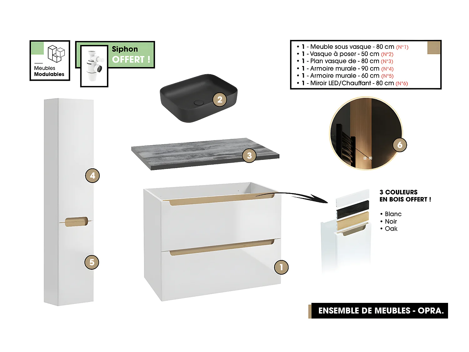 Ensemble complet de salle de bain - Meuble - Plan - Armoires - Miroir - Vasque à poser avec Siphon OFFERT | OPRA | 80 x 60 x 45 cm