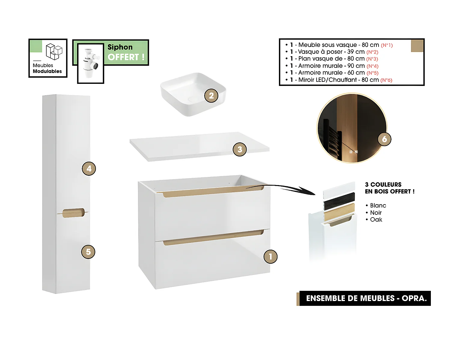 Ensemble complet de salle de bain - Meuble - Plan - Armoires - Miroir - Vasque à poser avec Siphon OFFERT | OPRA | 80 x 60 x 45 cm