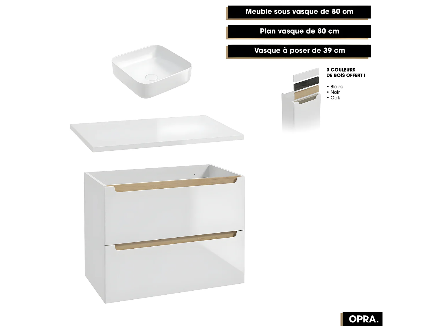 Ensemble complet de salle de bain - Meuble - Plan - Armoires - Miroir - Vasque à poser avec Siphon OFFERT | OPRA | 80 x 60 x 45 cm