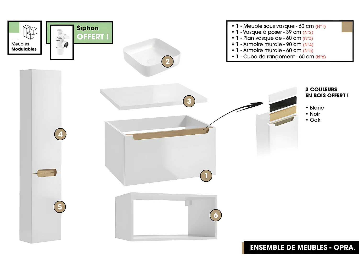 Ensemble complet de salle de bain - Meuble - Armoires - Cube - Vasque à poser avec Siphon OFFERT | OPRA | 60 x 30 x 45 cm