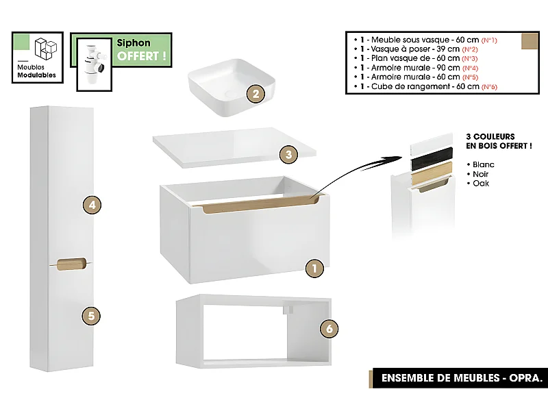Ensemble complet de salle de bain - Meuble - Armoires - Cube - Vasque à poser avec Siphon OFFERT | OPRA | 60 x 30 x 45 cm