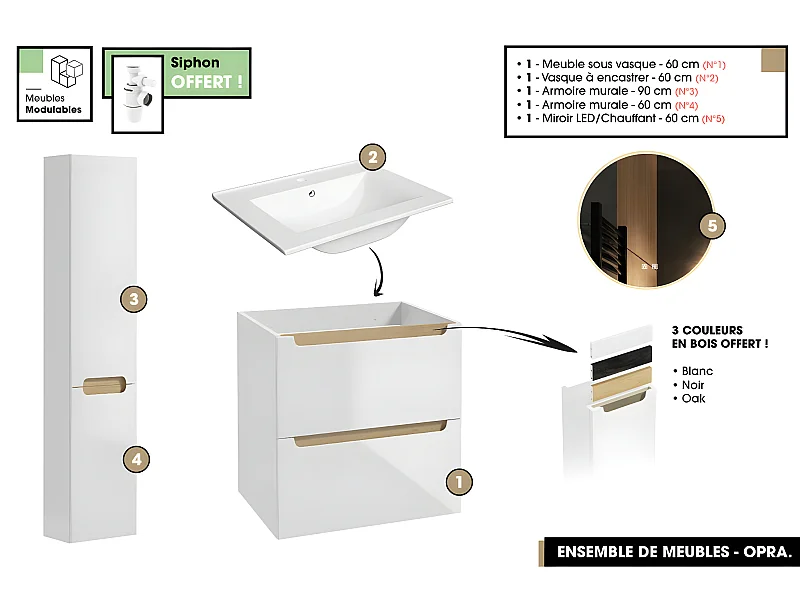 Ensemble complet de salle de bain - Meuble - Armoires - Miroir - Vasque à encastrer avec Siphon OFFERT | OPRA | 60 x 60 x 45 cm