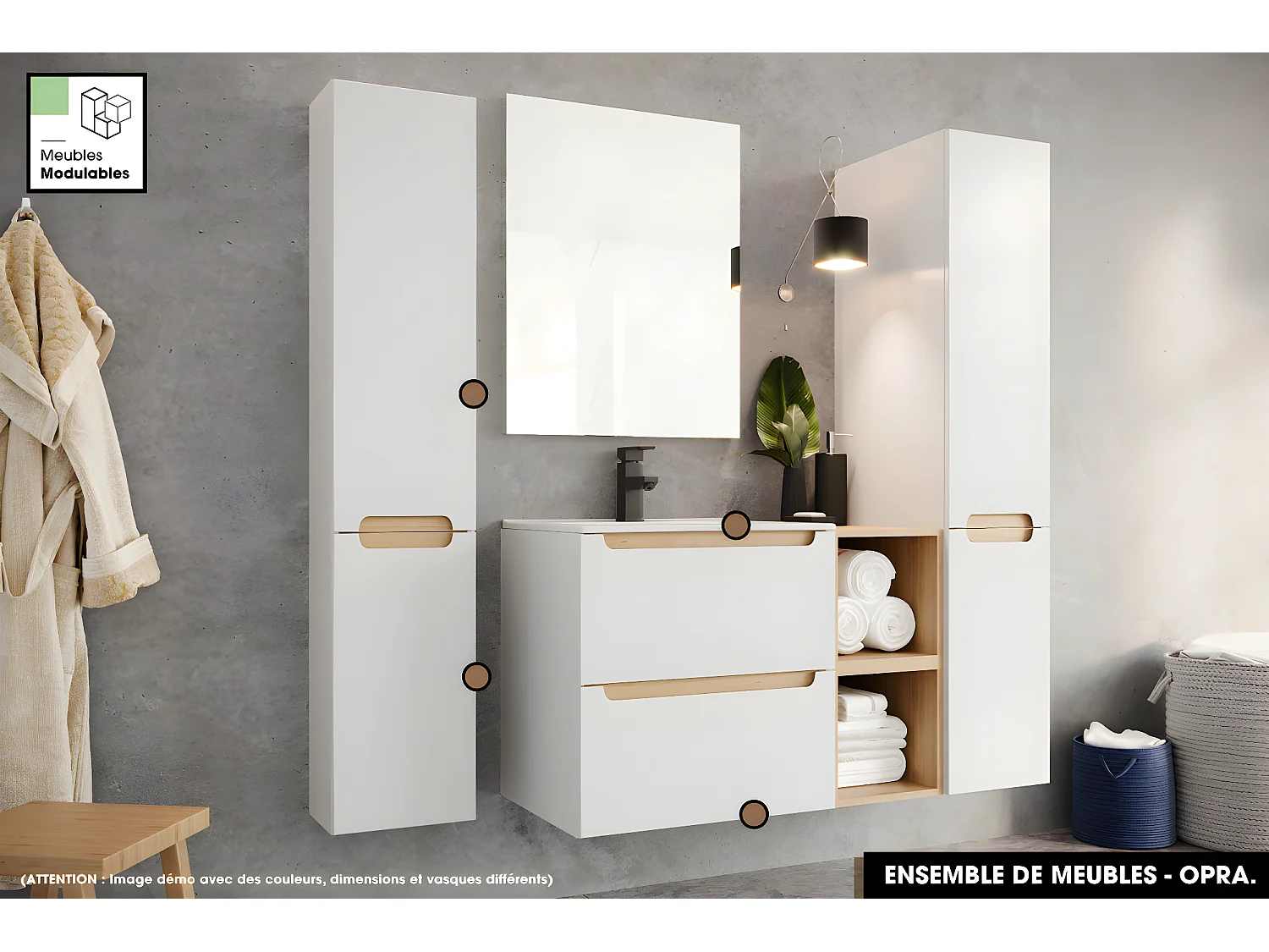 Ensemble complet de salle de bain - Meuble - Armoires - Miroir - Vasque à encastrer avec Siphon OFFERT | OPRA | 60 x 60 x 45 cm