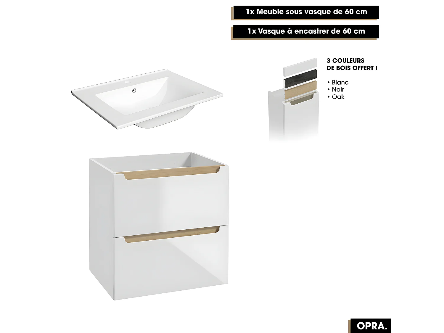 Ensemble complet de salle de bain - Meuble - Armoires - Miroir - Vasque à encastrer avec Siphon OFFERT | OPRA | 60 x 60 x 45 cm
