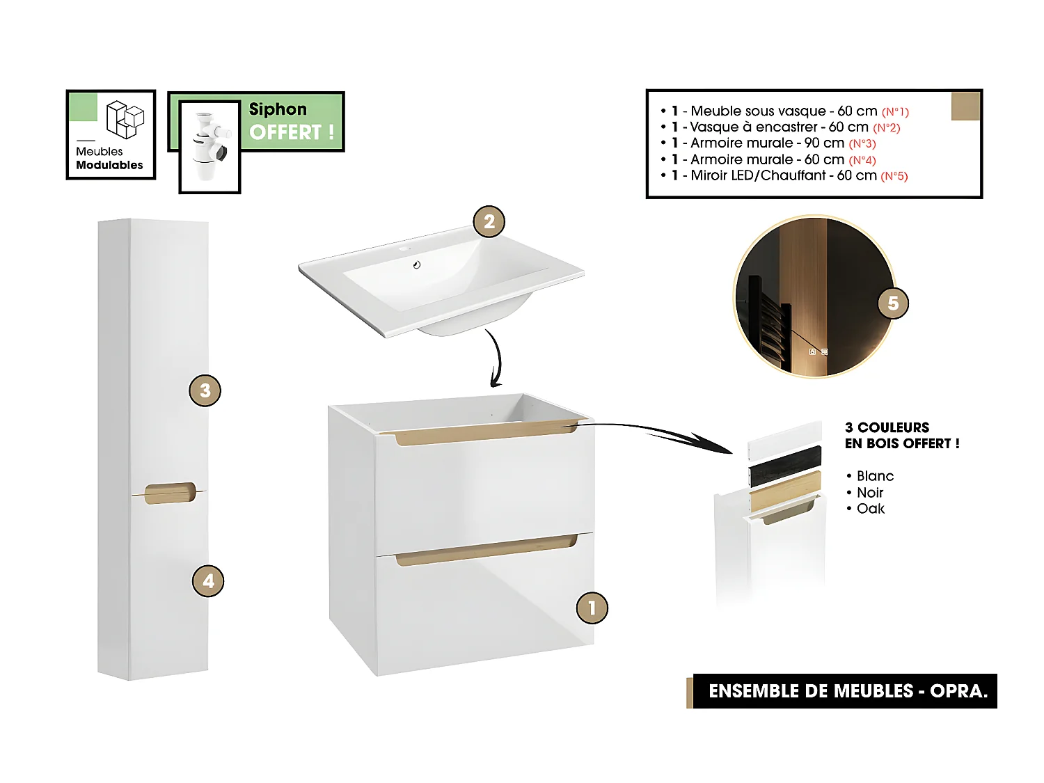 Ensemble complet de salle de bain - Meuble - Armoires - Miroir - Vasque à encastrer avec Siphon OFFERT | OPRA | 60 x 60 x 45 cm