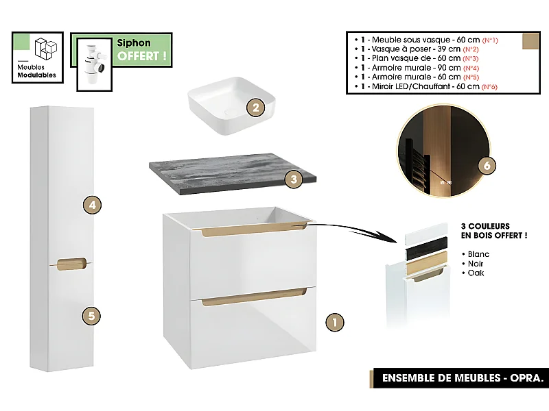 Ensemble complet de salle de bain - Meuble - Plan - Armoires - Miroir - Vasque à poser avec Siphon OFFERT | OPRA | 60 x 60 x 45 cm