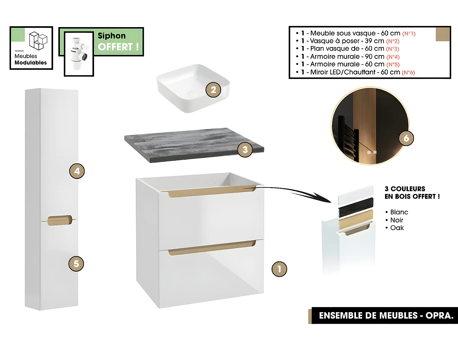 Ensemble complet de salle de bain - Meuble - Plan - Armoires - Miroir - Vasque à poser avec Siphon OFFERT | OPRA | 60 x 60 x 45 cm