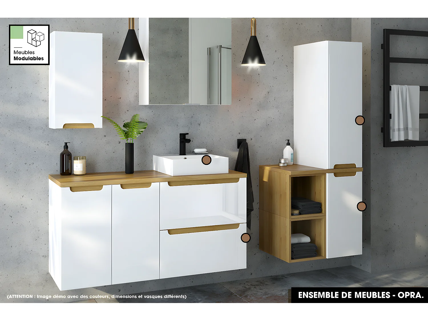 Ensemble complet de salle de bain - Meuble - Plan - Armoires - Miroir - Vasque à poser avec Siphon OFFERT | OPRA | 60 x 60 x 45 cm