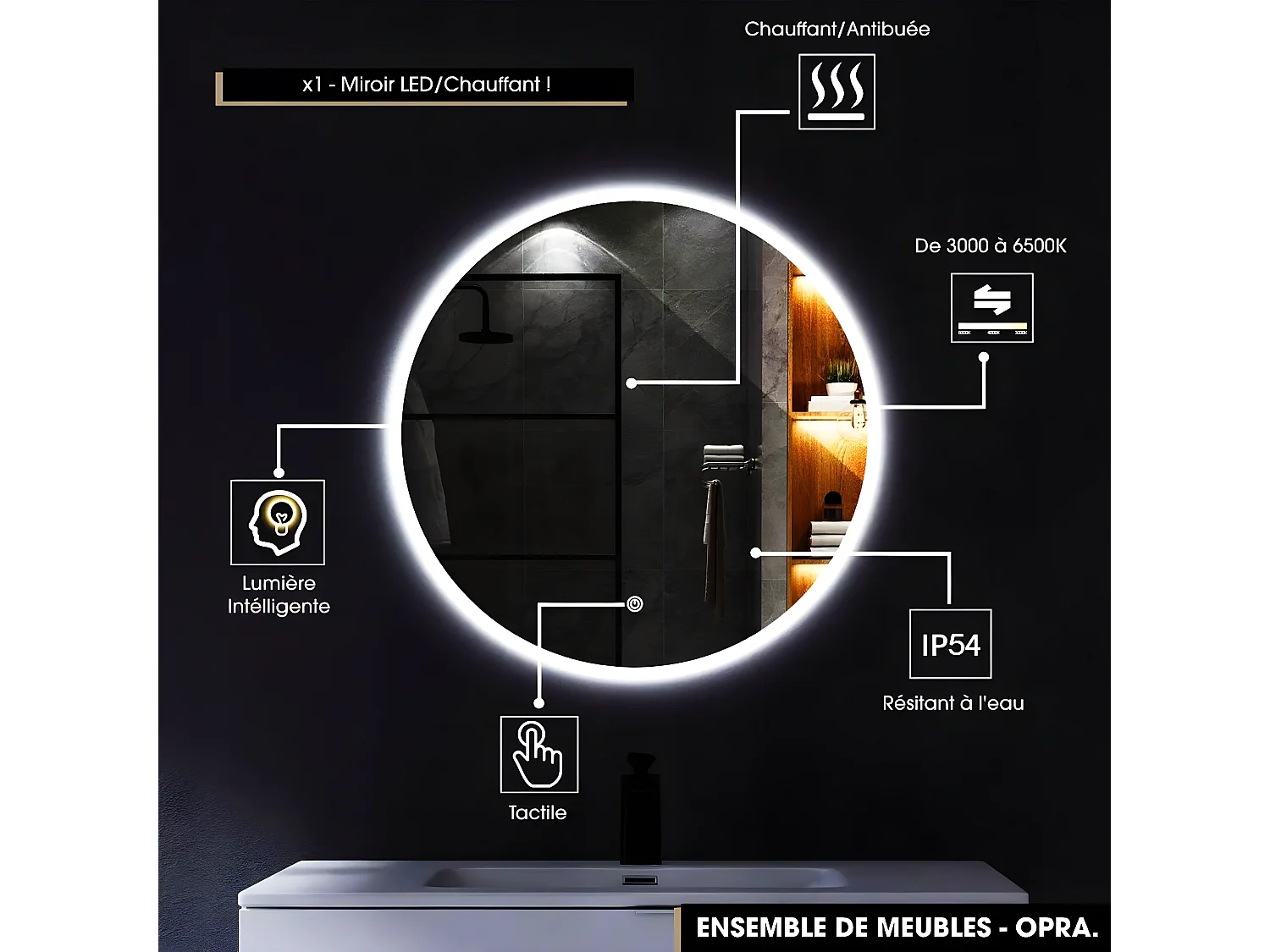 Ensemble complet de salle de bain - Meuble - Plan - Armoires - Miroir - Vasque à poser avec Siphon OFFERT | OPRA | 60 x 60 x 45 cm