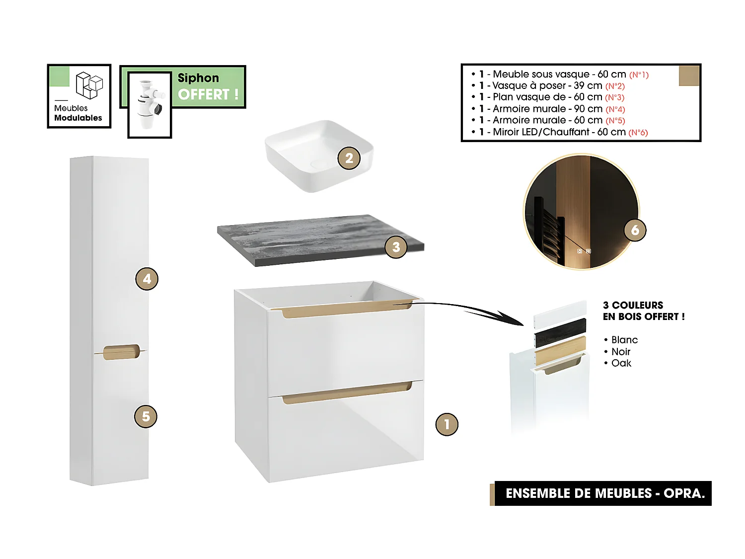Ensemble complet de salle de bain - Meuble - Plan - Armoires - Miroir - Vasque à poser avec Siphon OFFERT | OPRA | 60 x 60 x 45 cm