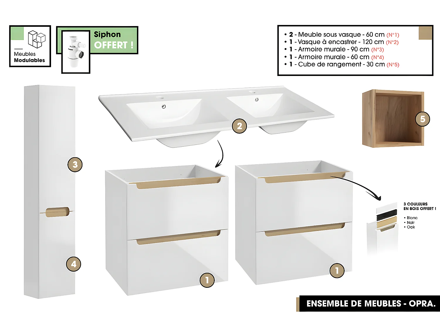 Ensemble complet de salle de bain - Meubles - Armoires - Cube - Vasque à encastrer avec Siphons OFFERT | OPRA | 120 x 60 x 45 cm