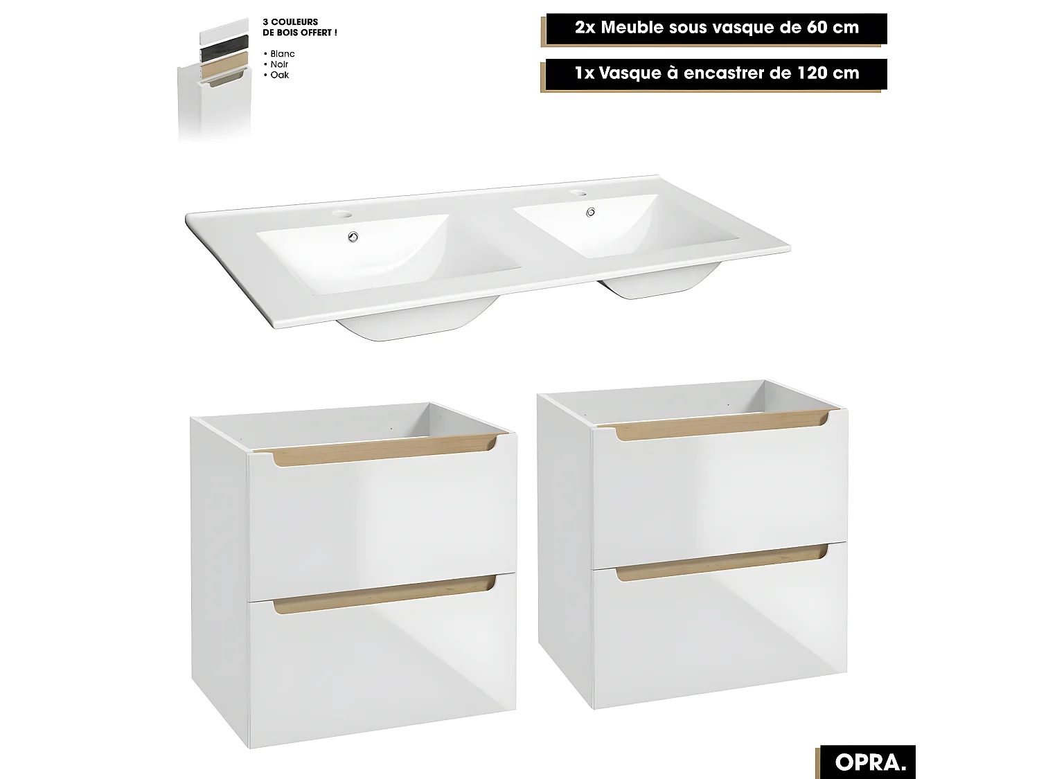 Ensemble complet de salle de bain - Meubles - Armoires - Cube - Vasque à encastrer avec Siphons OFFERT | OPRA | 120 x 60 x 45 cm