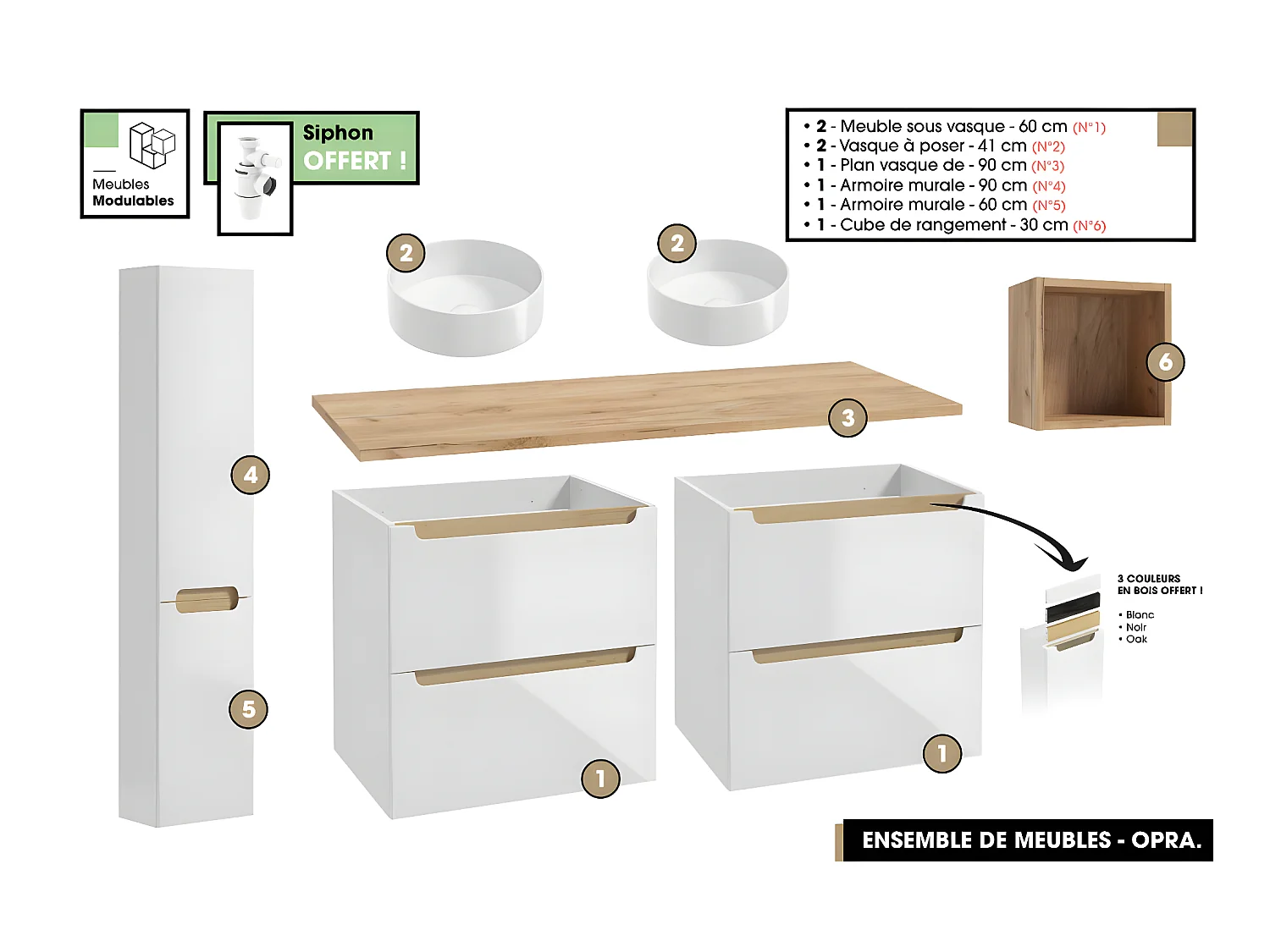Ensemble complet de salle de bain - Meubles - Armoires - Cube - Vasque à poser avec Siphons OFFERT | OPRA | 120 x 60 x 45 cm