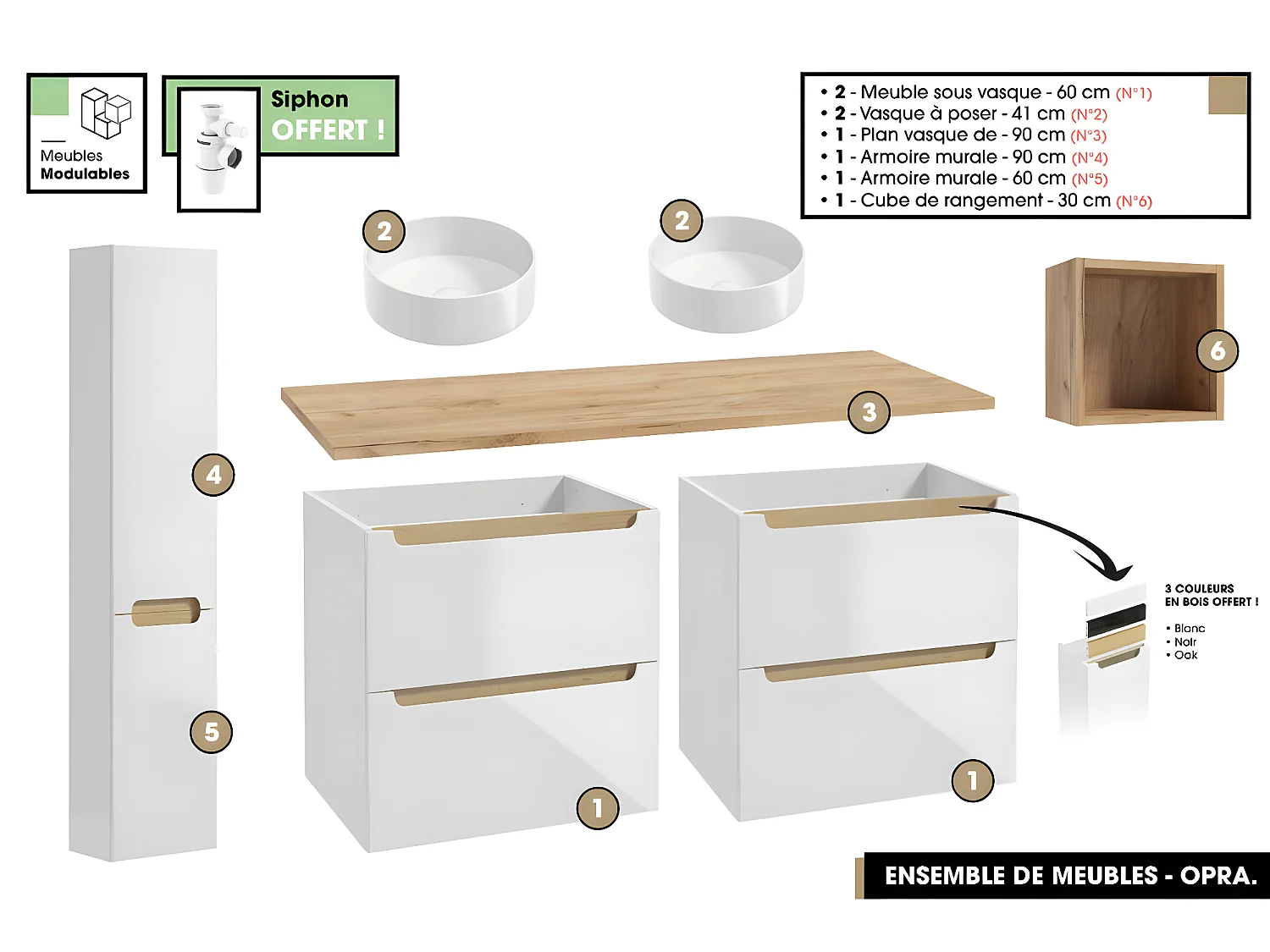 Ensemble complet de salle de bain - Meubles - Armoires - Cube - Vasque à poser avec Siphons OFFERT | OPRA | 120 x 60 x 45 cm