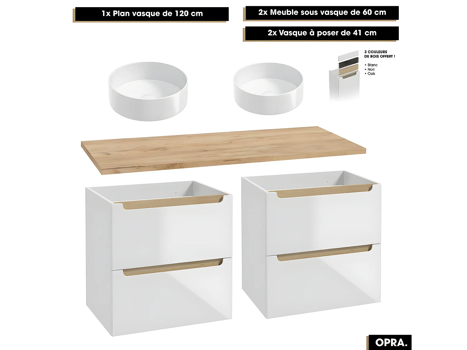 Ensemble complet de salle de bain - Meubles - Armoires - Cube - Vasque à poser avec Siphons OFFERT | OPRA | 120 x 60 x 45 cm