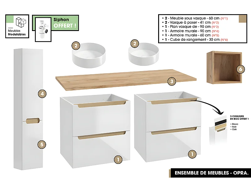 Ensemble complet de salle de bain - Meubles - Armoires - Cube - Vasque à poser avec Siphons OFFERT | OPRA | 120 x 60 x 45 cm