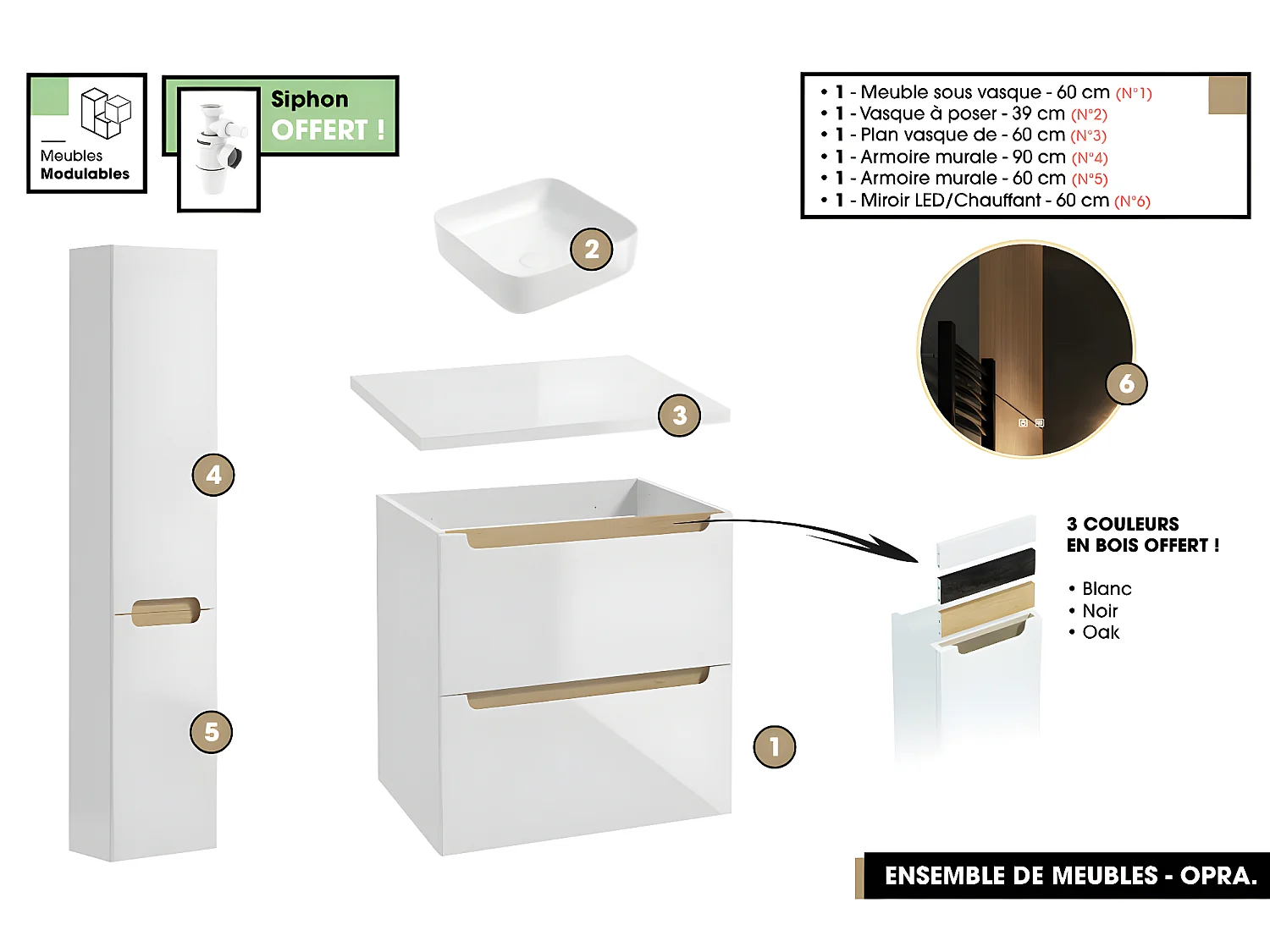 Ensemble complet de salle de bain - Meuble - Plan - Armoires - Miroir - Vasque à poser avec Siphon OFFERT | OPRA | 60 x 60 x 45 cm