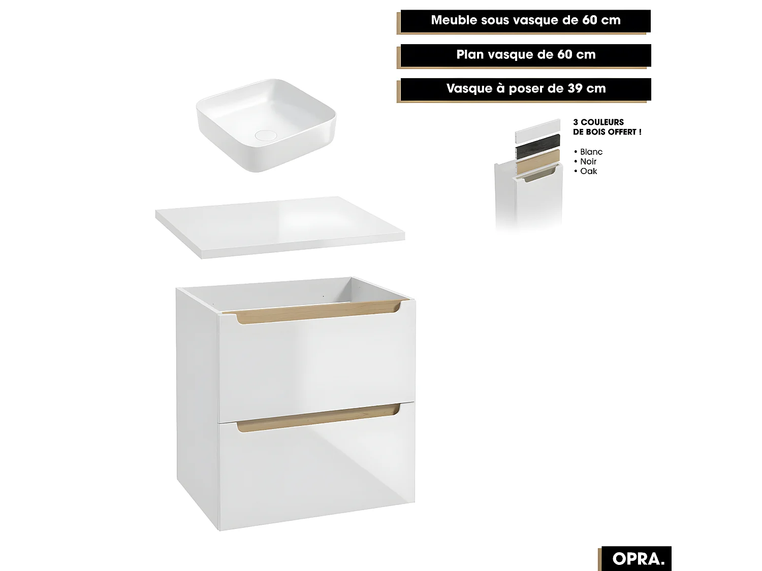 Ensemble complet de salle de bain - Meuble - Plan - Armoires - Miroir - Vasque à poser avec Siphon OFFERT | OPRA | 60 x 60 x 45 cm