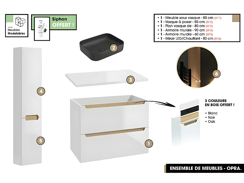 Ensemble complet de salle de bain - Meuble - Plan - Armoires - Miroir - Vasque à poser avec Siphon OFFERT | OPRA | 80 x 60 x 45 cm
