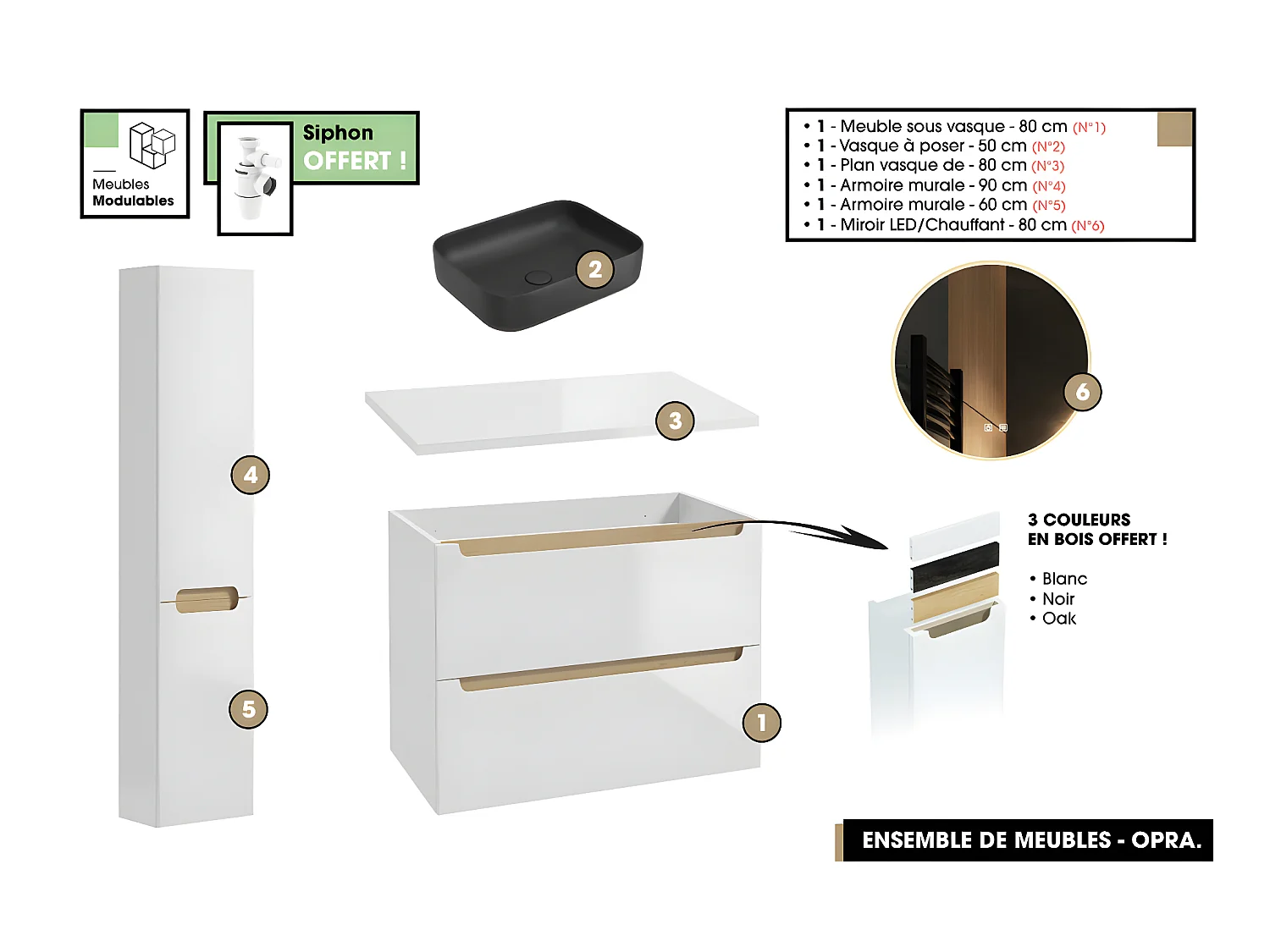 Ensemble complet de salle de bain - Meuble - Plan - Armoires - Miroir - Vasque à poser avec Siphon OFFERT | OPRA | 80 x 60 x 45 cm