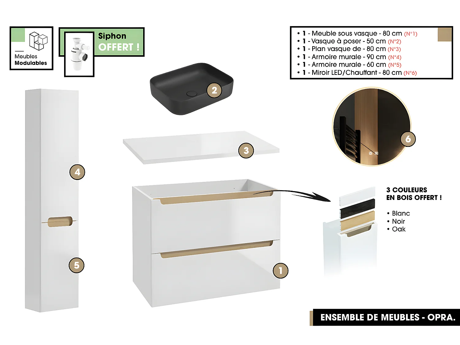 Ensemble complet de salle de bain - Meuble - Plan - Armoires - Miroir - Vasque à poser avec Siphon OFFERT | OPRA | 80 x 60 x 45 cm