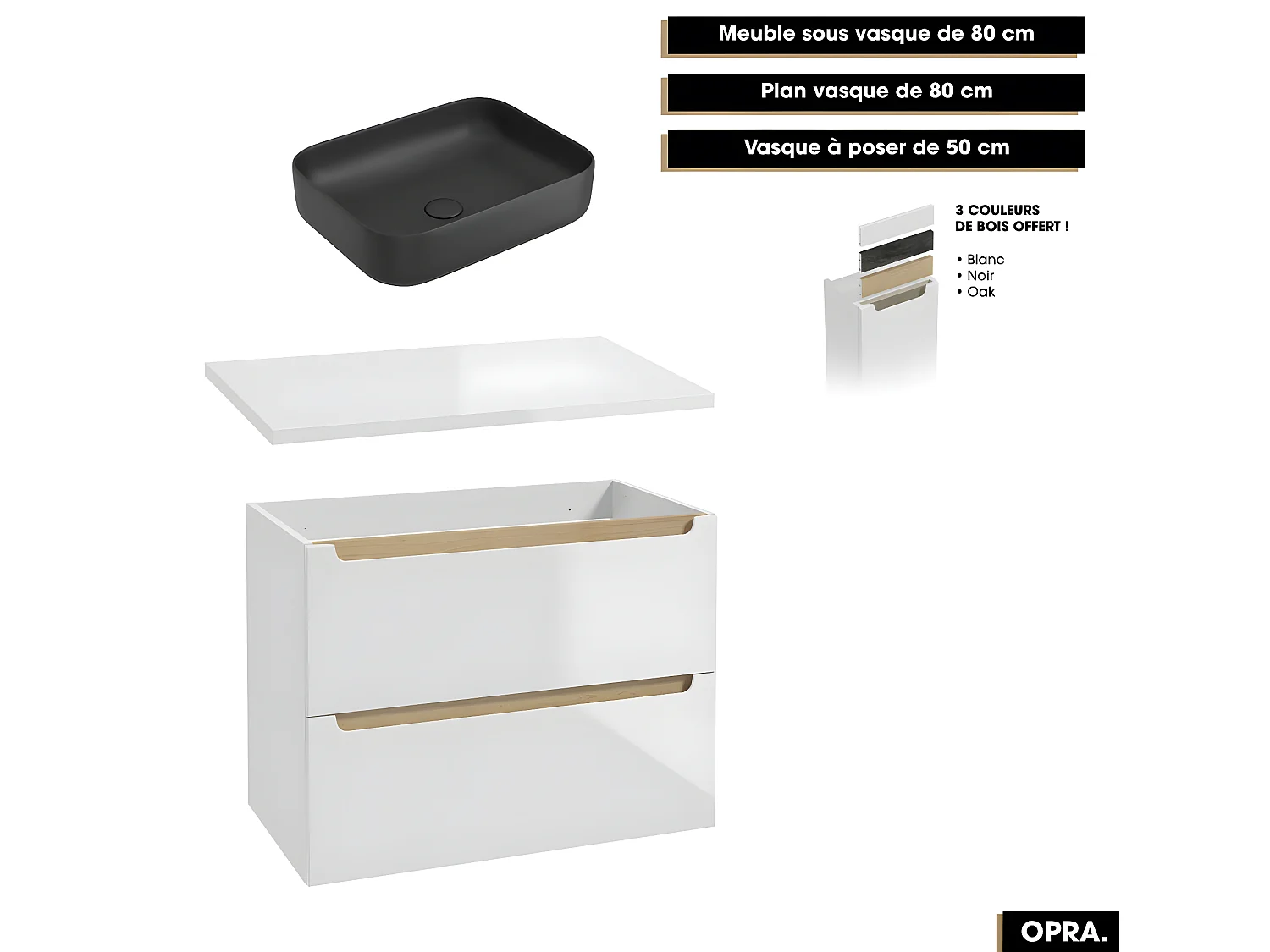 Ensemble complet de salle de bain - Meuble - Plan - Armoires - Miroir - Vasque à poser avec Siphon OFFERT | OPRA | 80 x 60 x 45 cm