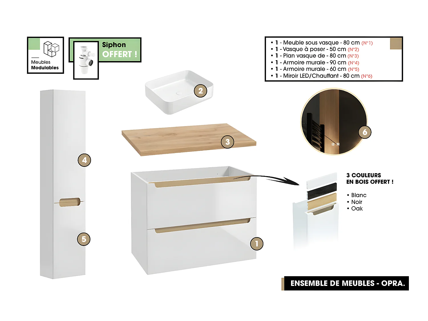 Ensemble complet de salle de bain - Meuble - Plan - Armoires - Miroir - Vasque à poser avec Siphon OFFERT | OPRA | 80 x 60 x 45 cm