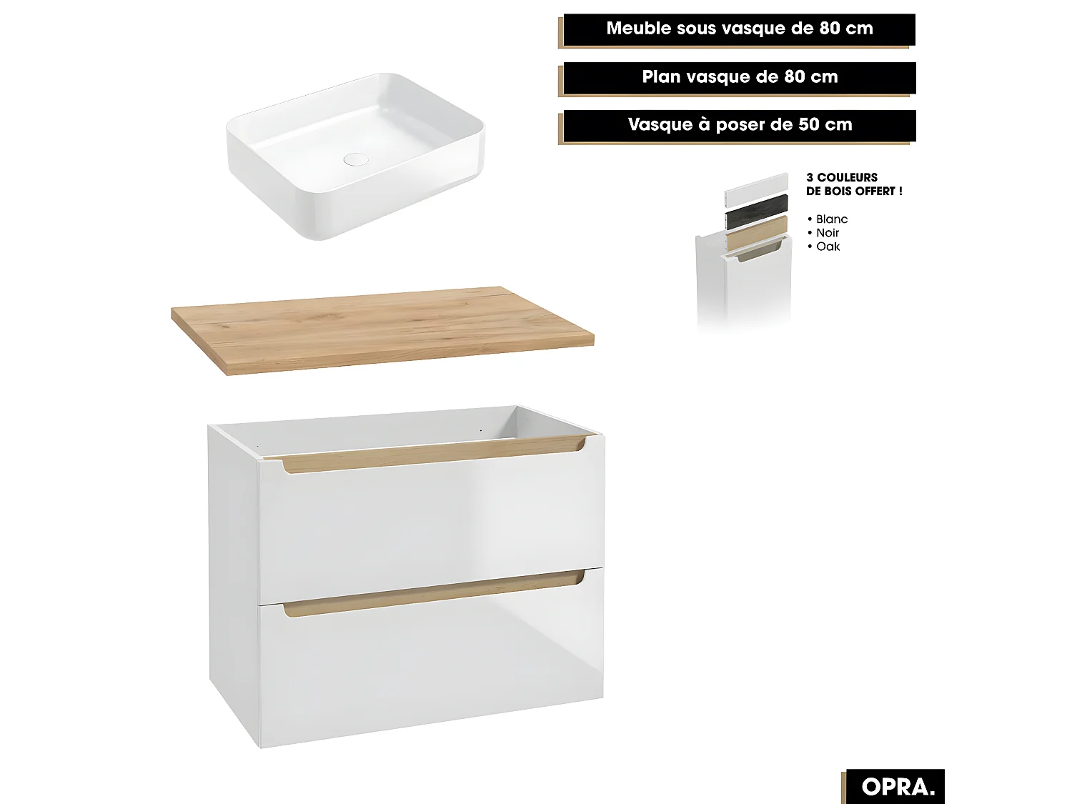 Ensemble complet de salle de bain - Meuble - Plan - Armoires - Miroir - Vasque à poser avec Siphon OFFERT | OPRA | 80 x 60 x 45 cm