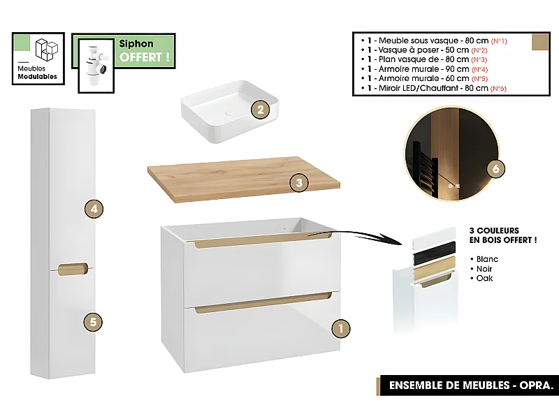Ensemble complet de salle de bain - Meuble - Plan - Armoires - Miroir - Vasque à poser avec Siphon OFFERT | OPRA | 80 x 60 x 45 cm
