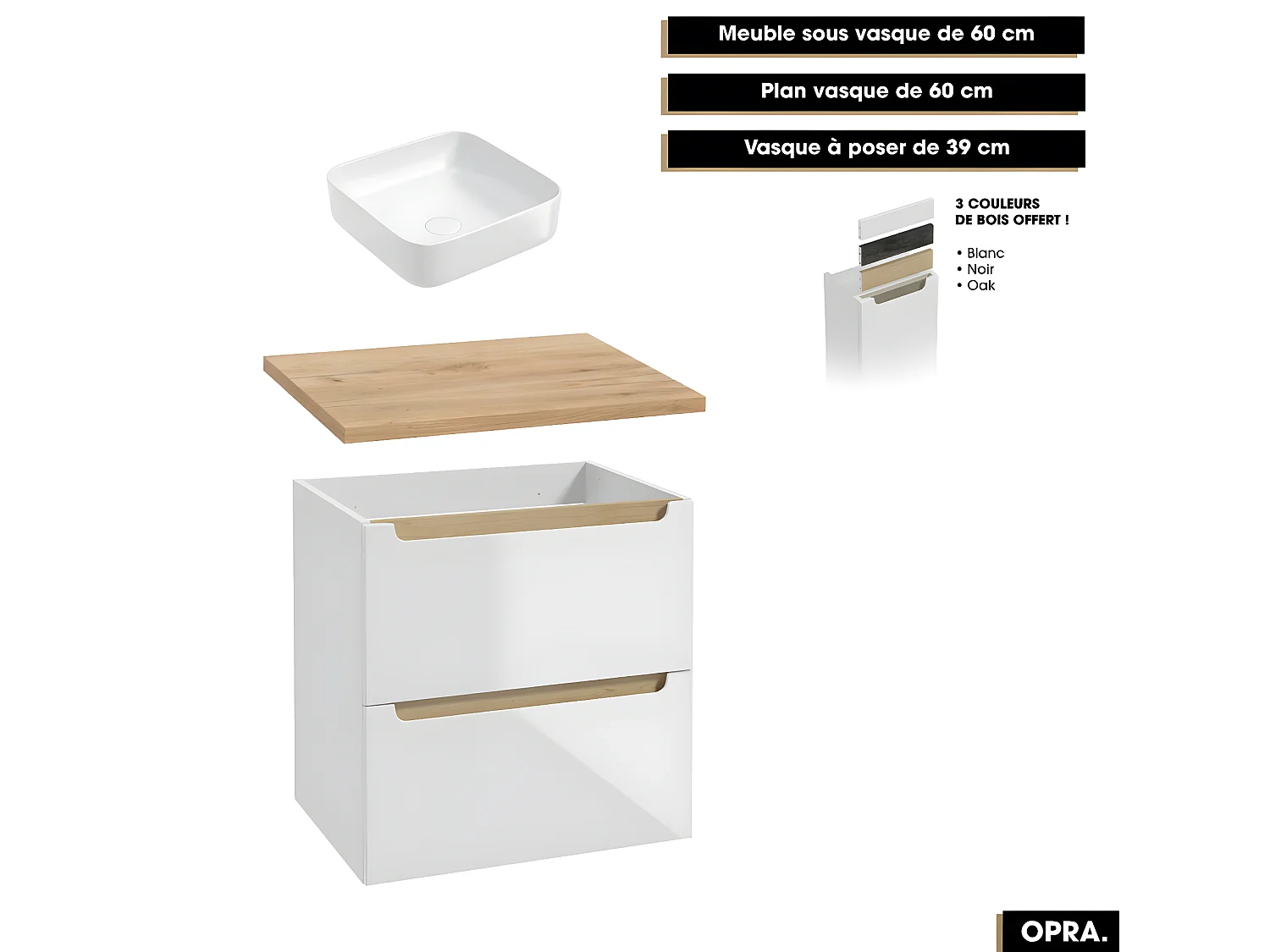 Ensemble complet de salle de bain - Meuble - Plan - Armoires - Miroir - Vasque à poser avec Siphon OFFERT | OPRA | 60 x 60 x 45 cm