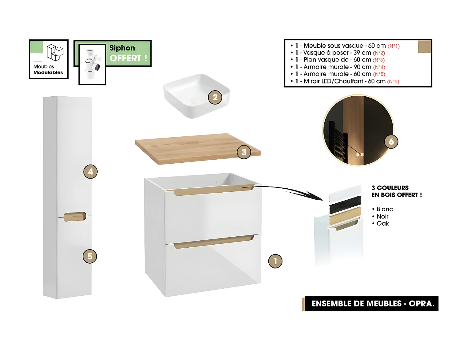 Ensemble complet de salle de bain - Meuble - Plan - Armoires - Miroir - Vasque à poser avec Siphon OFFERT | OPRA | 60 x 60 x 45 cm