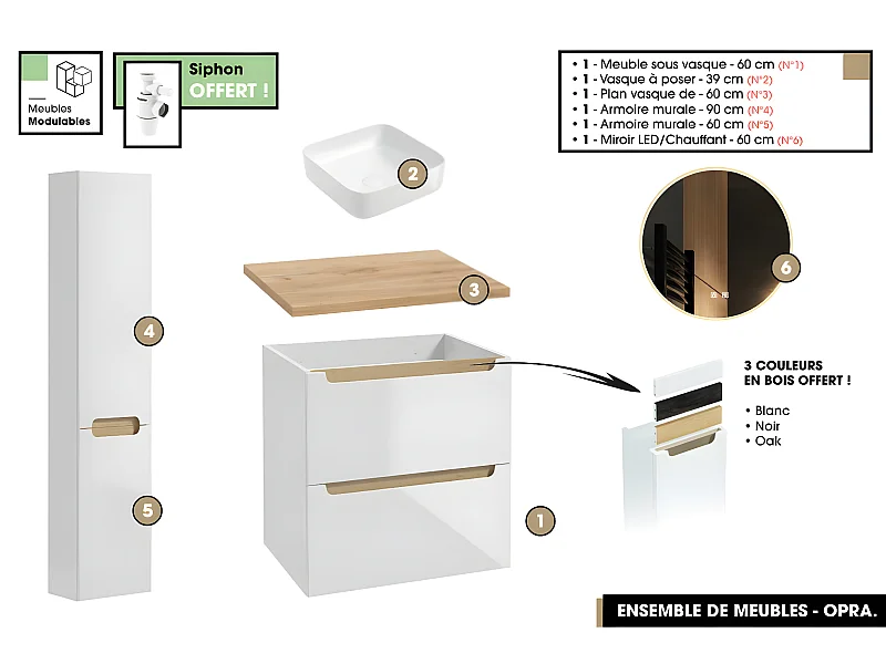 Ensemble complet de salle de bain - Meuble - Plan - Armoires - Miroir - Vasque à poser avec Siphon OFFERT | OPRA | 60 x 60 x 45 cm